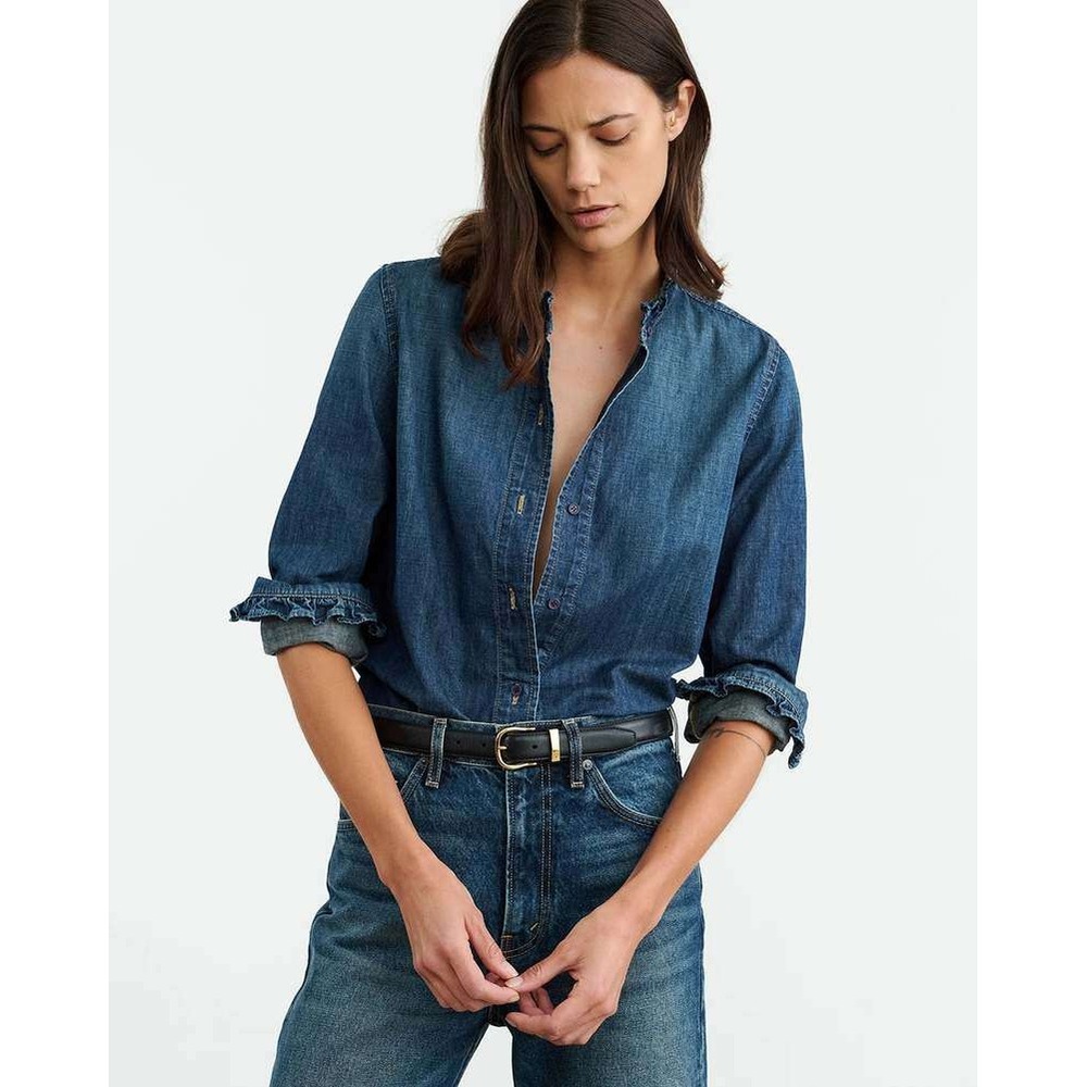 Nili Lotan Classic Wash Lydia Denim Ruffle Collar Shirt Made in USA Small $495 - Picture 1 of 12